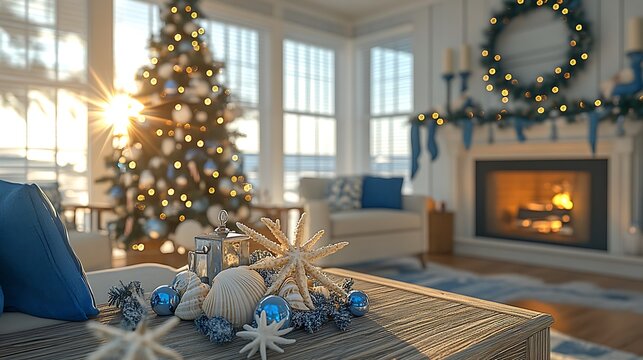 Nautical Christmas living room, beach-inspired decor with blue and white accents, a Christmas tree adorned with seashell ornaments, starfish and coastal garland, light wooden furniture,