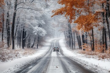 A snowy road winding through a forest. This photo is perfect for projects about winter, travel, or nature.