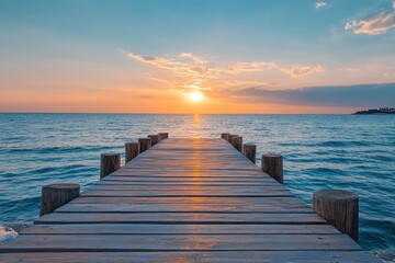 Obraz premium Wooden pier extending into the sea at sunset.