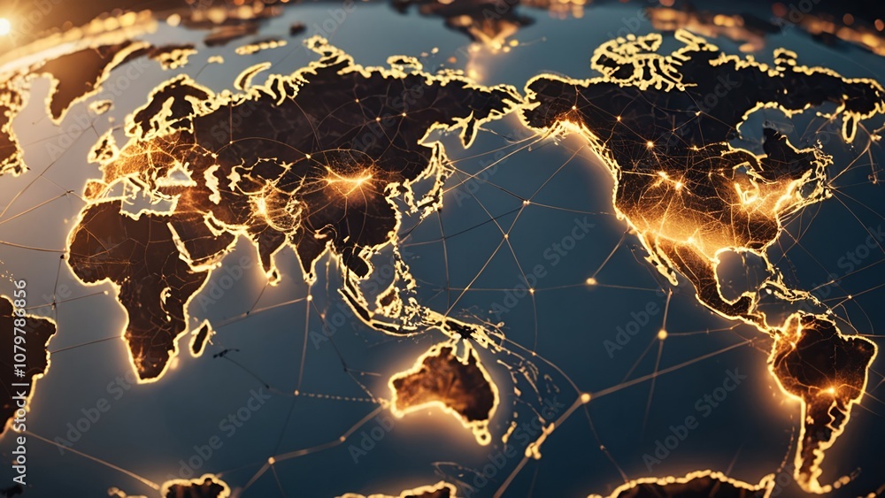 Poster digital world map illustrating connected cities with glowing lines and light effects.