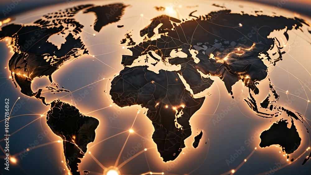 Poster digital world map illustrating connected cities with glowing lines and light effects.