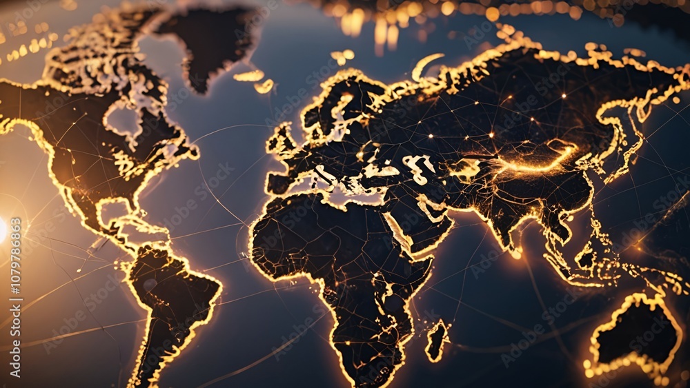 Poster digital world map illustrating connected cities with glowing lines and light effects.