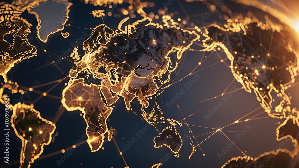 Poster digital world map illustrating connected cities with glowing lines and light effects.