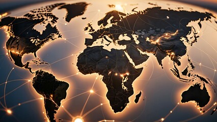 Digital world map illustrating connected cities with glowing lines and light effects.