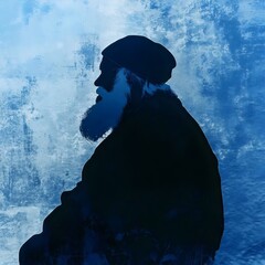 Silhouette of elderly man in beanie against blue textured background