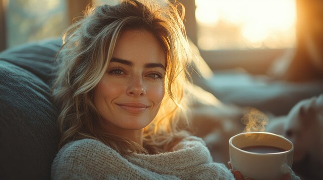 A young woman smiles warmly while holding a mug of steaming hot beverage in a cozy home setting, bathed in soft, golden sunlight.