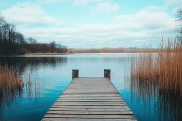 Obraz premium Wooden pier extending over a calm lake with a forest in the background.