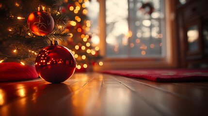 Real photography, indoor composition, large aperture, shallow depth of field, medium shot, softly blurred Christmas tree adorned with light decorations and light spots, clean and tidy image, blank des