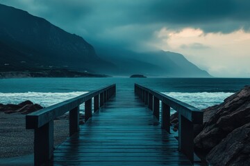 Wooden pier extends towards a misty island on a stormy sea.