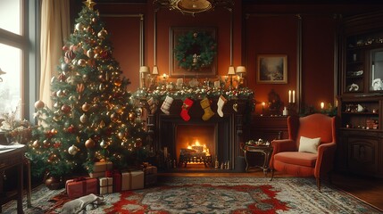 Retro holiday living room, vintage Christmas tree with antique ornaments, nostalgic decor including old-fashioned lights and candles, cozy fireplace, warm and inviting atmosphere,
