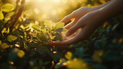 hand reaching towards lush green foliage in warm sunlight