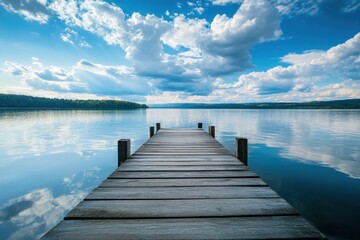 Wooden pier leading out into a calm lake with blue sky and white clouds.