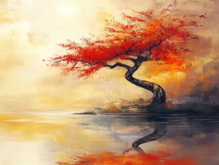 Vibrant autumn landscape with a twisted tree reflected in a serene lake
