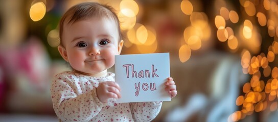 A one-year-old baby, dressed in a cute outfit, holds a "Thank you" card with pride and a charming smile. Created by AI.