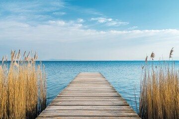 Obraz premium Wooden pier leading to calm blue water with a clear sky.