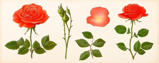 Naklejka premium A beautiful collection of red roses showing different stages of bloom, from buds to full blossoms, set against a soft, neutral background.
