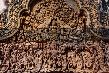 Bas-relief Sculpture at Banteay Srei temple Siem Reap, Cambodia.