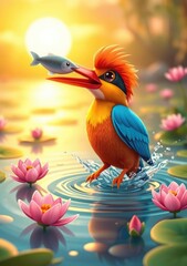 Fototapeta premium Bird catching fish sunset pond