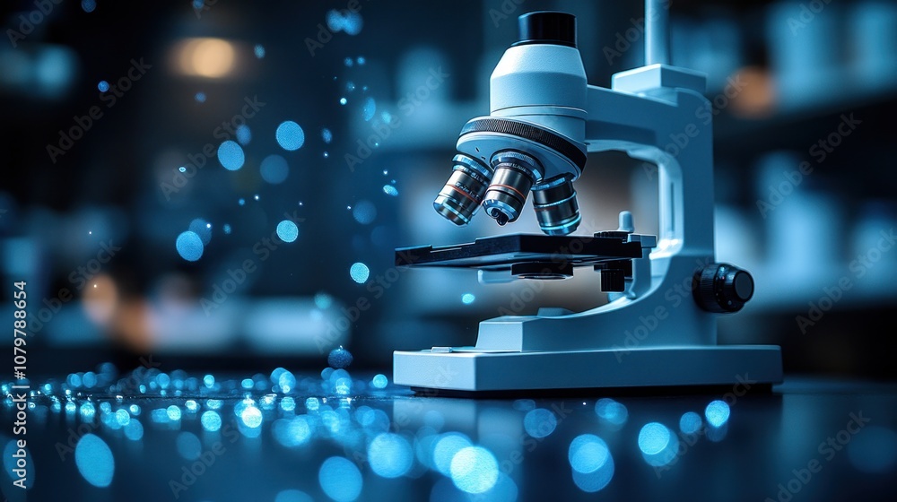 Poster a microscope in a lab setting with blurred blue lights.