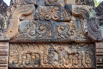Bas-relief Sculpture at Banteay Srei temple Siem Reap, Cambodia.