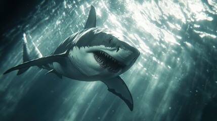 Fototapeta premium Menacing great white shark swimming in the deep blue ocean