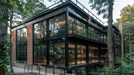 Obraz premium A modern industrial-style house with black-painted walls and large glass windows, offering an open, airy feel. The sleek design blends raw materials with contemporary elegance, creating a stylish 