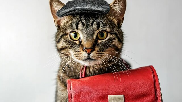 Cat in a Cap: A tabby cat, wearing a stylish beret and carrying a red satchel, stares inquisitively at the camera. The image captures the essence of feline curiosity and charm, with a touch of whimsy.