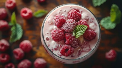 Close-up of a glass of yogurt topped with fresh raspberries and mint leaves on a wooden surface.