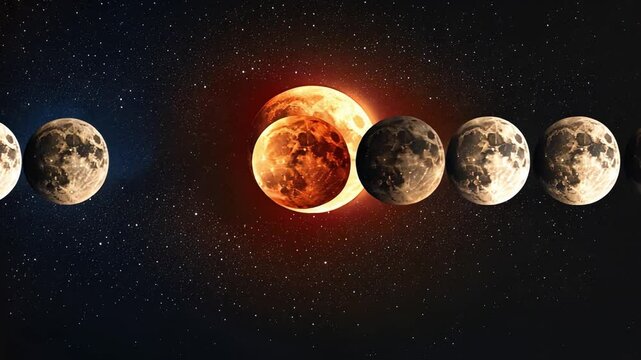 Lunar Eclipse Sequence: A mesmerizing celestial event unfolds before your eyes, showcasing the moon's phases during a total lunar eclipse.