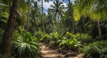 Obraz premium Endemic coco de mer (sea coconut) and other palm trees along the trail in Vallée de Mai (May Valley) in Praslin island, Seychelles