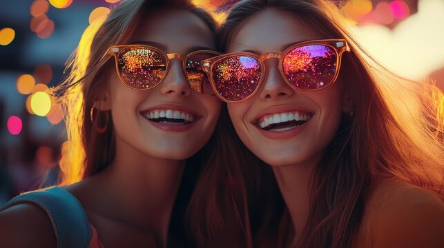 Joyful friends in sunglasses enjoying vibrant nightlife with colorful lights around.