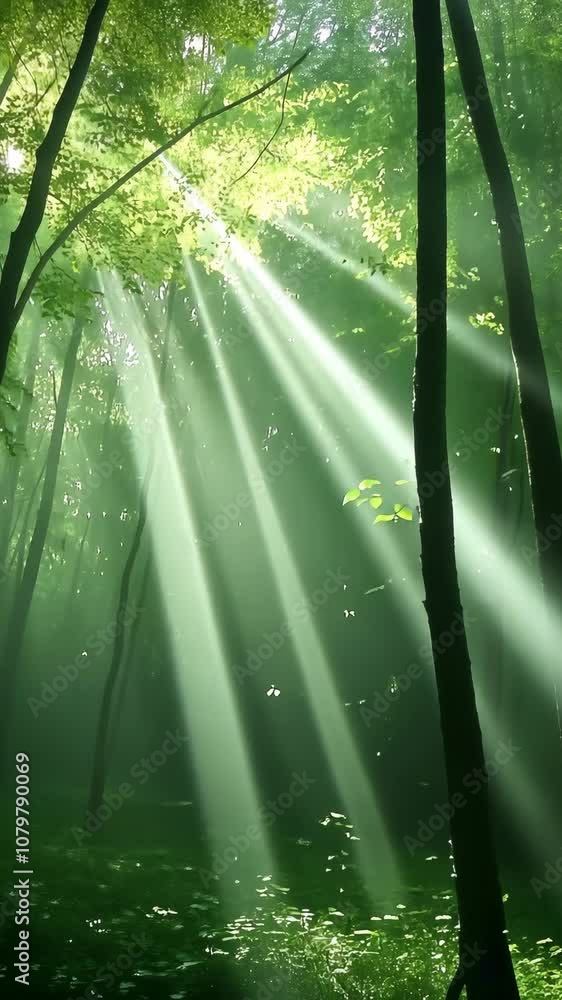 Poster sunlight streams through the trees in a lush forest, casting long shadows and illuminating the green