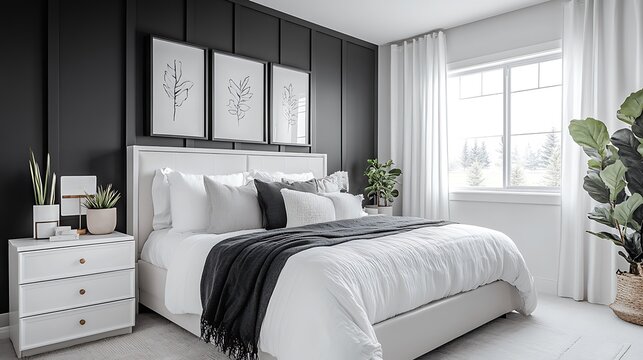 A chic monochrome bedroom design with white walls, a black accent wall, soft gray linens, and a modern white dresser, clean lines enhancing the room’s sophisticated minimalism --ar 16:9