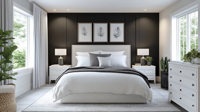 A chic monochrome bedroom design with white walls, a black accent wall, soft gray linens, and a modern white dresser, clean lines enhancing the room’s sophisticated minimalism --ar 16:9 - Powered by Adobe