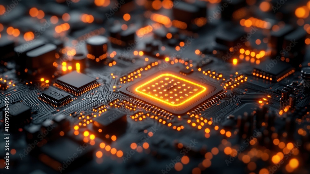 Poster close-up of a circuit board with glowing components.