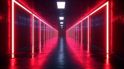Fototapeta premium Red Neon Lights Illuminate a Futuristic Corridor