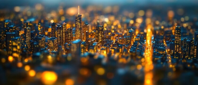 Glowing cityscape at night with towering skyscrapers