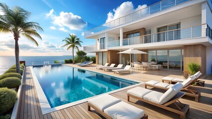 Fototapeta premium Sea View. A luxury modern white beach hotel with a swimming pool. Sunbed on sundeck for a vacation home or hotel Background