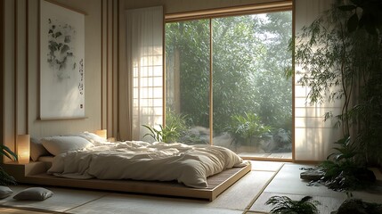 Fototapeta premium A cozy Japandi-style bedroom with a low bed, neutral linen bedding, bamboo decor, and natural textures, evoking a warm and minimalist aesthetic --ar 16:9