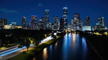 Obraz premium Nighttime cityscape photography of houston skyline reflected in river with illuminated buildings urban environment aerial perspective city lights concept