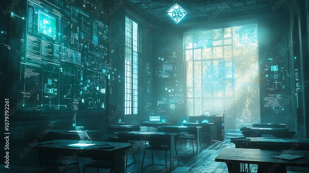 Aufkleber futuristic classroom with glowing screens and data visualizations, sunlight streaming through window
