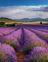 Fototapeta premium Endless Lavender Fields in Full Bloom, Stretching Across the Countryside With Rolling Hills in the Distance and a Soft Breeze Carrying the Fragrance Through the Air