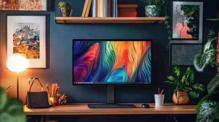 Modern Workspace with Desktop Computer and Vibrant Artistic Display Aesthetic Decor Inspiration