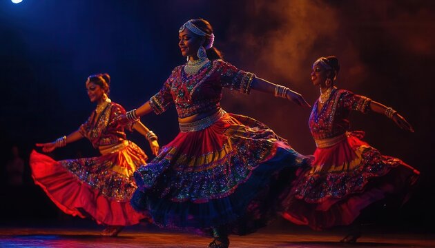 Three dancers perform in vibrant costumes, showcasing cultural traditions on stage.