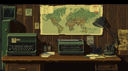 Vintage Office Desk with Typewriter and World Map Wall Decor