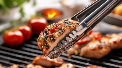 Sizzling Grilled Chicken with Herbs and Peppers on Barbecue Grill Close-up