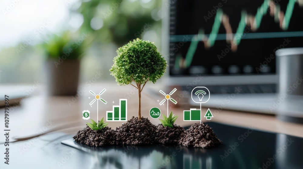 Poster conceptual representation of sustainable growth with a miniature tree and graphs against a modern de