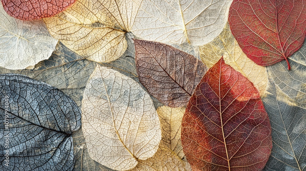 Poster close-up of pressed leaves arranged on canvas showing intricate details and textures in soft natural