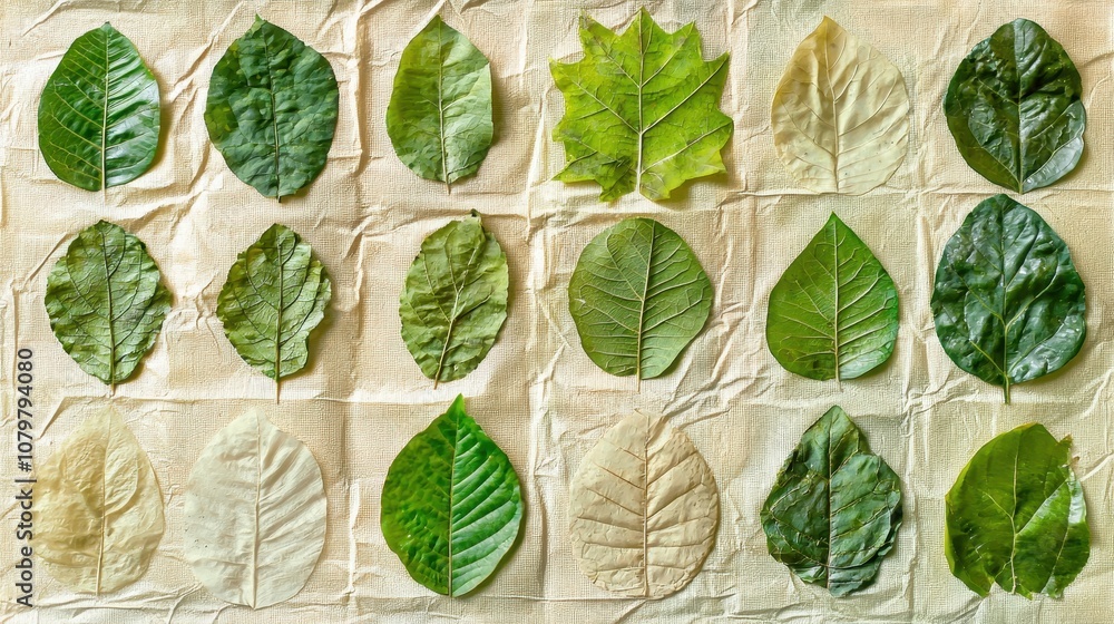 Aufkleber close-up of pressed leaves arranged on canvas creating a vibrant display of nature's diversity in co