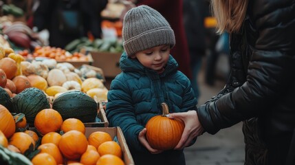 Fototapeta premium Child Holding Small Pumpkin in Market While Parents Choose Fresh Produce, Capturing the Joy of Autumn and Family Togetherness in a Vibrant Setting